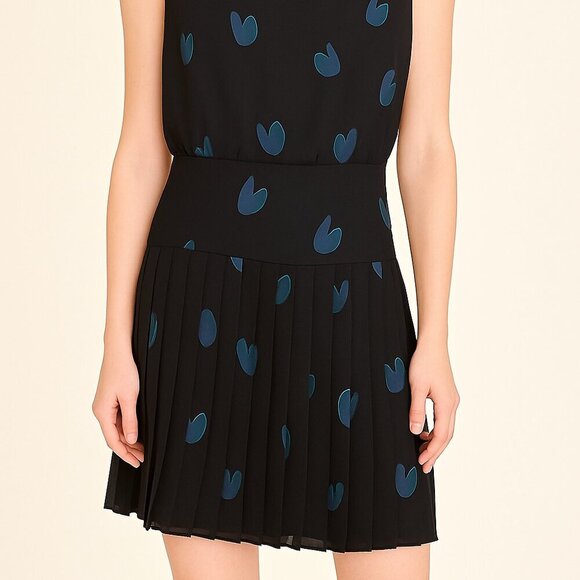 LOFT Black Dress Teal Heart Print Pleated Skirt Petite Size 6 Sleeveless - Picture 2 of 10